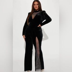 Pre-Loved Black Velvet Wide-Leg Jumpsuit with Mesh Insets